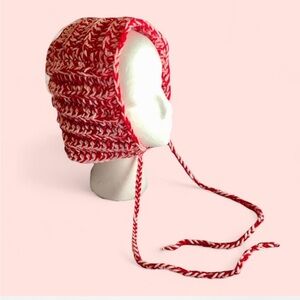crochet red and light pink chunky ribbed bonnet hood HANDMADE